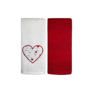 Valentine's Day Embroidered Cotton Hand Towel 2-Piece Set Heart Script White