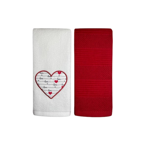 Harper Lane Valentine's Day Embroidered Cotton Hand Towel 2-Piece Set Heart Script White