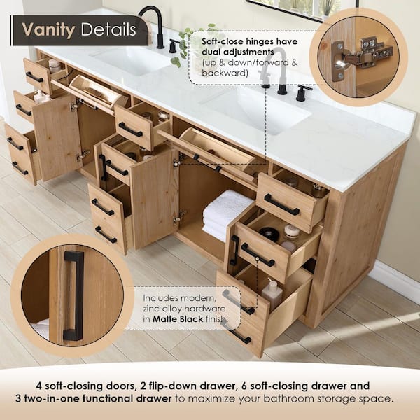Gavino 84 in.W x 22 in.D x 34 in.H Bath Vanity in Light Brown with Grain White Composite Stone Top