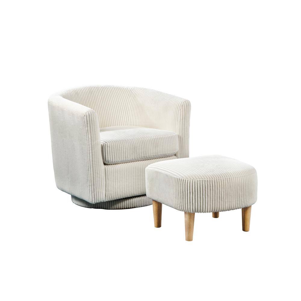 White Velvet Swivel Barrel Chair and Ottoman with Wood Legs