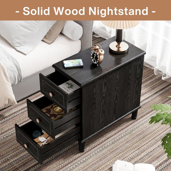 Fnova 25 in. H Solid Wood Black Rectangle End Table with 3 Drawers