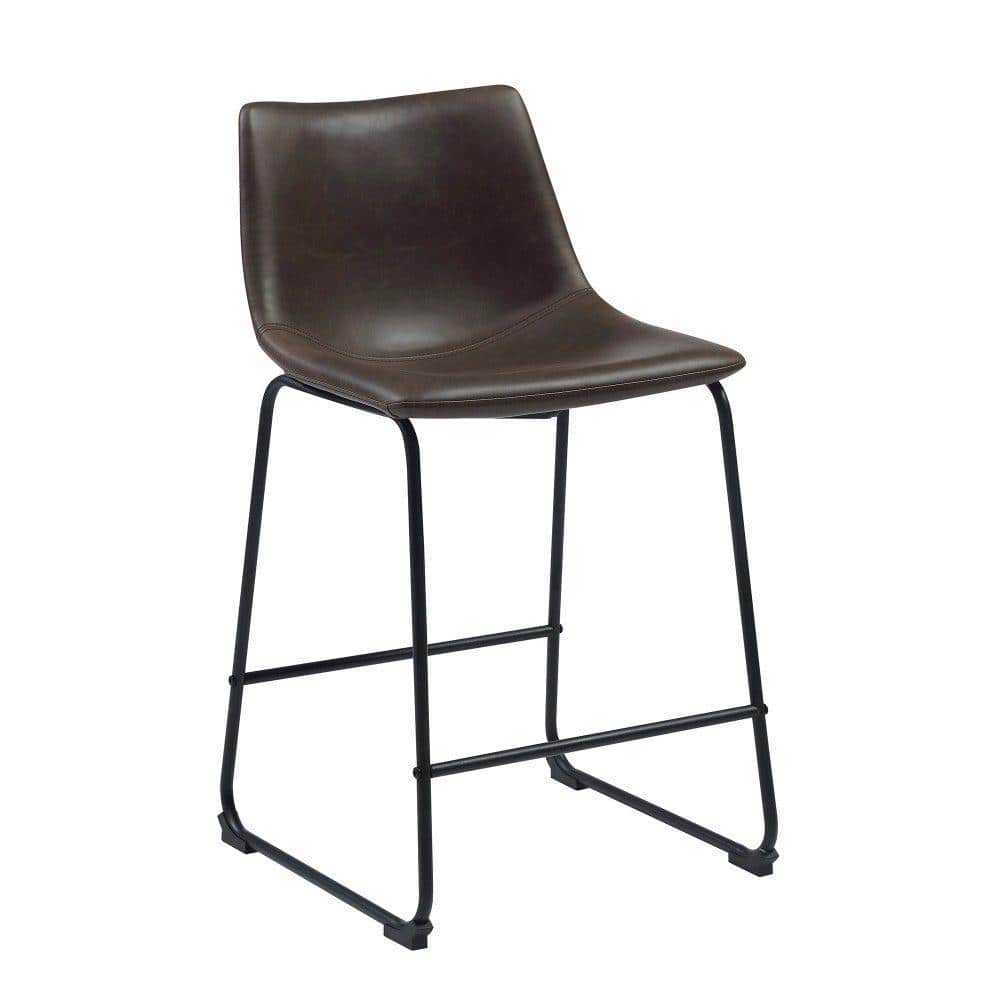 Rustic Contoured Brown Leather Counter Height Stool Set of 2
