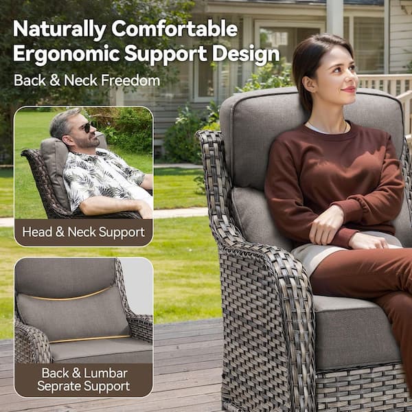 Luxurious Gray Swivel Glider Wicker Outdoor Rocking Chair with Gray Olefin 6 In. Thick Cushions (2-Pack)