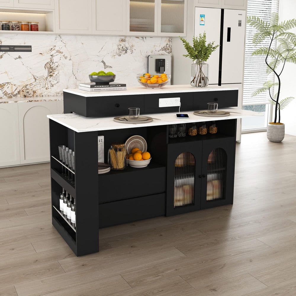 Pellmont Modern Black Finish MDF Wood Pedestal Extendable Rotating Dining Table, Storage Cabinet, Seats 2/4 price history on PriceWatchPro