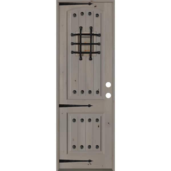 Krosswood Doors 30 in. x 96 in. Mediterranean Knotty Alder Arch Top 2 Panel Left-Hand/Inswing Grey Stain Wood Prehung Front Door