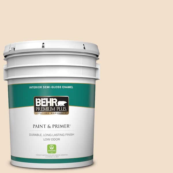 BEHR PREMIUM PLUS 5 gal. #OR-W02 So Much Fawn Semi-Gloss Enamel Low Odor Interior Paint & Primer