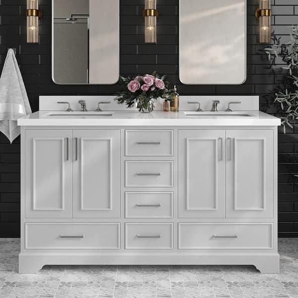 ARIEL Stafford 61 in. W x 22 in. D x 36 in. H Double Sink Freestanding Bath Vanity in Grey with Pure White Quartz Top
