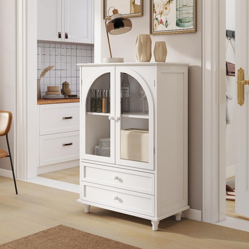 White Farmhouse Arched Glass Door Buffet Pantry with Tiered Top & 2 Storage Drawers price history on PriceWatchPro
