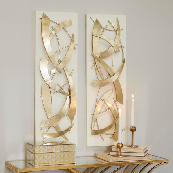 Litton Lane Metal Gold Dimensional Abstract Wall Decor with White Wood Backing (Set of 2)
