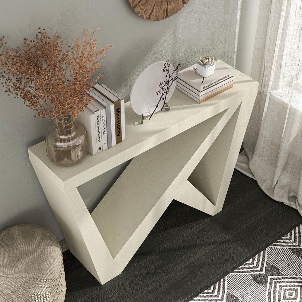 Cream Weave Modern Rectangular Console Table with Geometric Design