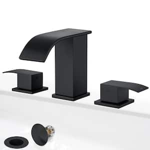 8 in. Widespread Double-Handle Waterfall Spout Bathroom Vessel Sink Faucet with Drain Kit Included in Matte Black