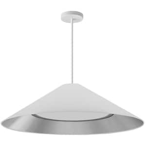 Padme 1-Light Matte White Shaded Integrated LED Pendant Light with White/Silver Fabric Shade