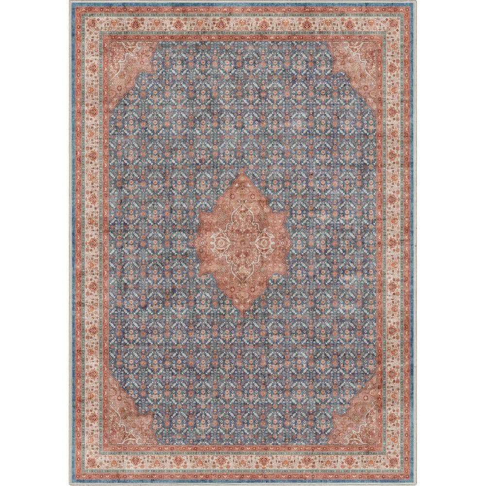 Blue Red 5' x 7' Chenille Oriental Area Rug
