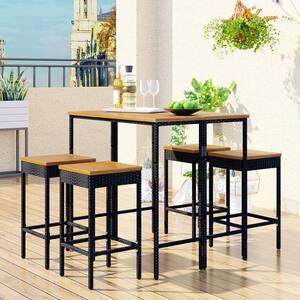 5-Piece Wood Rectangle Bar Height Outdoor Serving Bar Set in Brown