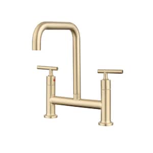 Double-Handle Bridge Kitchen Faucet 2-Holes 304 Stainless Steel Modern Kitchen Sink Faucets in Brushed Gold