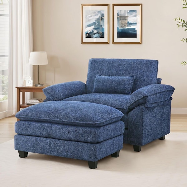 2-Piece Navy Chenille Fabric Upholstery Accent Chair with Ottoman 3-Layer Cushion Armchair