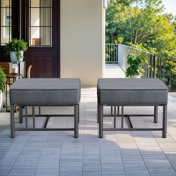 BoulderSeat Black Metal Outdoor Ottoman with 5 In. Dark Gray Olefin Cushions (2-Pack)