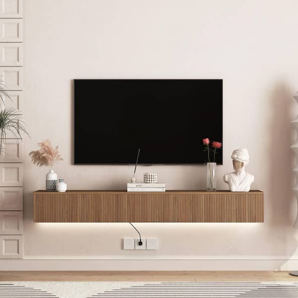 67 in. Brown Floating TV Stand Wall Mount Fits TV's up to 65 in. with LED Lights, Wood Grain MDF Entertainment Center