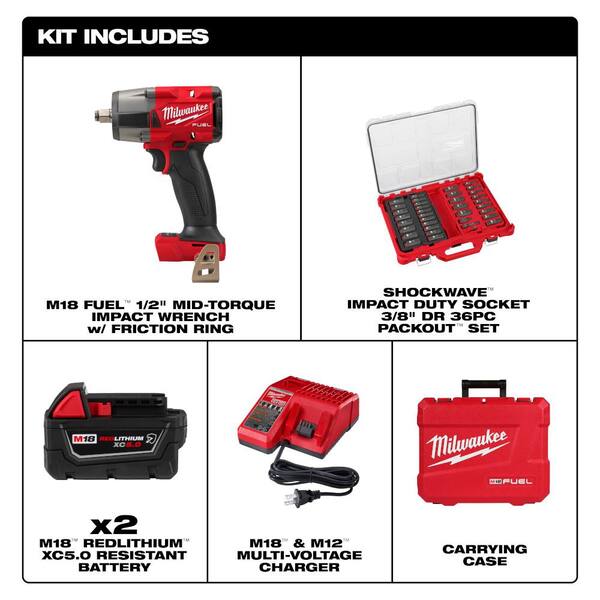 M18 FUEL 18V Lith-Ion Brushless Cordless 1/2 in. Mid-Torque Impact Wrench with Resistant Batteries & Impact Socket Set