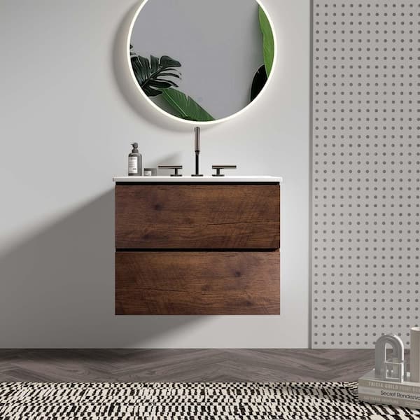24 in. W Single Sink Floating Walnut Bath Vanity with White Ceramic Top