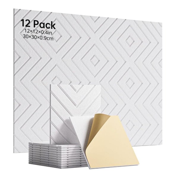 1in. T x 1ft. x 1ft. White Polyester Fiber Sound Absorbing Panel 12-Pack Self-Adhesive Acoustic Panels