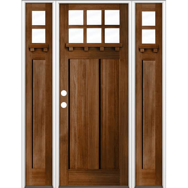 Krosswood Doors 64 in. x 96 in. Craftsman 6-Lite Right-Hand Clear Glass Provincial Stain Hemlock Wood Prehung Front Door w/ DSL and DS