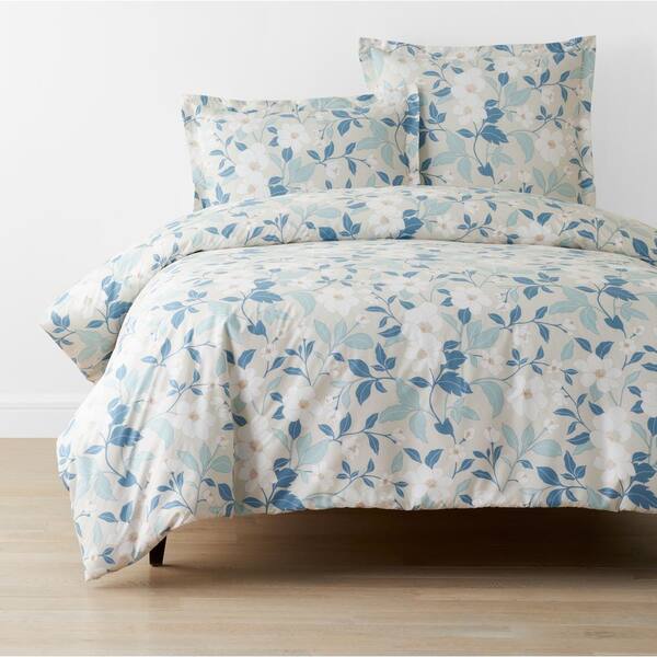 The Company Store Company Cotton Clemencia Floral Pale Blue Queen Cotton Percale Duvet Cover