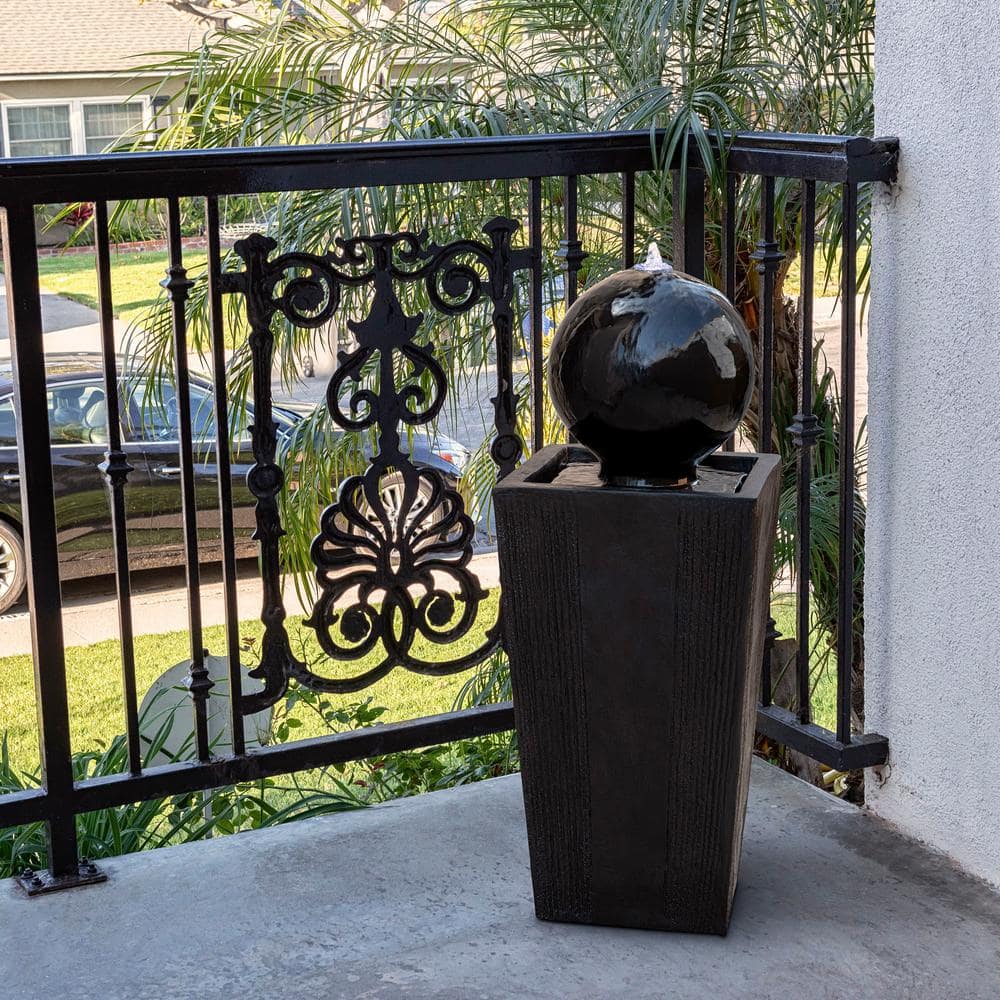 Black Polystone 33" Sphere Pedestal Water Fountain