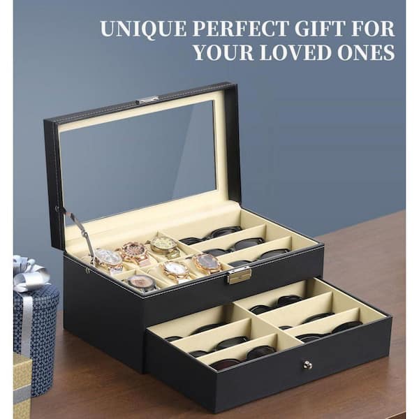 6-Watch and 9-Glasses Storage Box-Lockable Leather Organizer