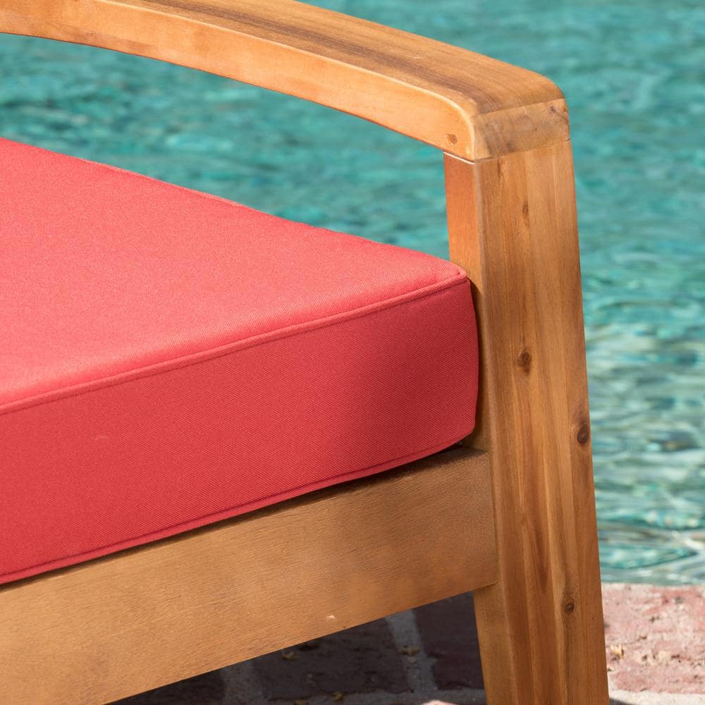 Teak Finish Wood Lounge Chairs with Red Cushions