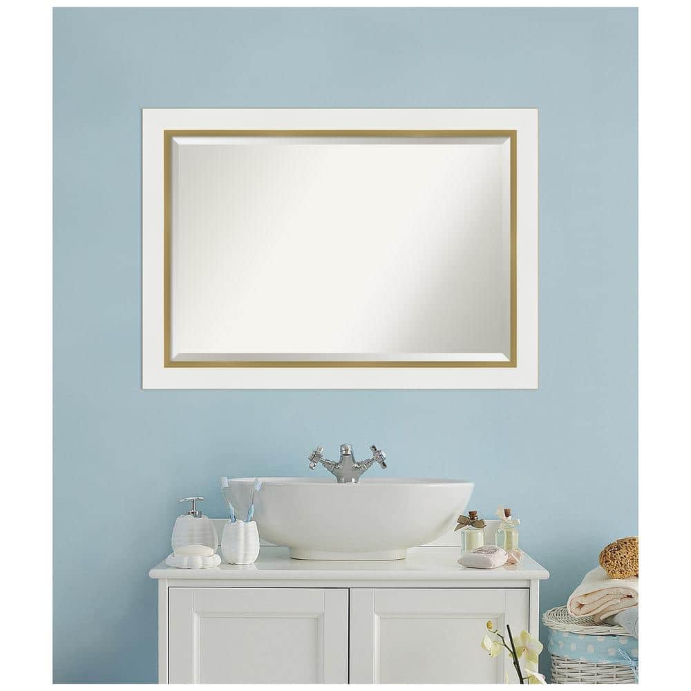 Eva White and Gold Rectangular Wall Mirror with Beveled Frame