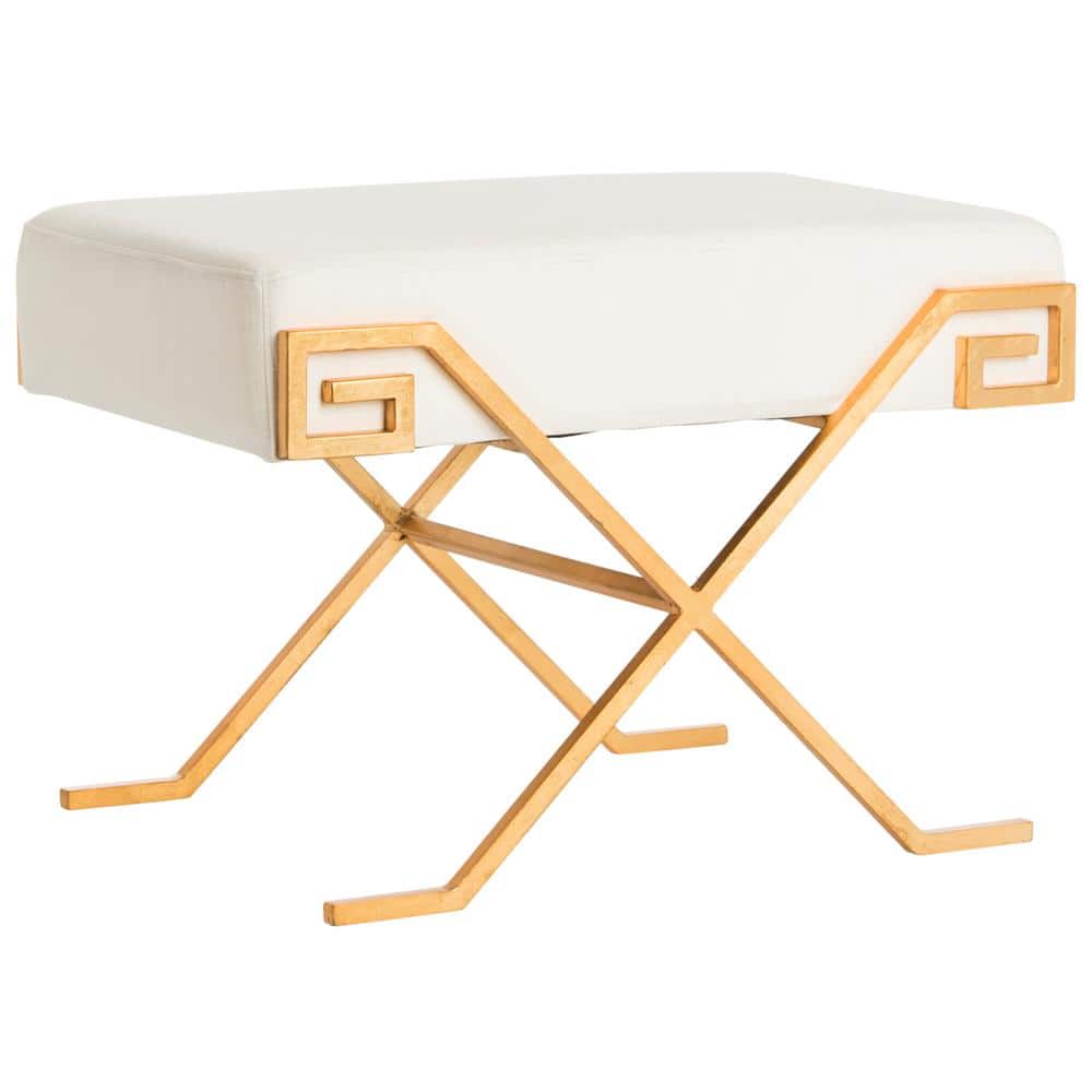 Luna 27'' Light Beige Linen and Gold Greek Key Transitional Bench