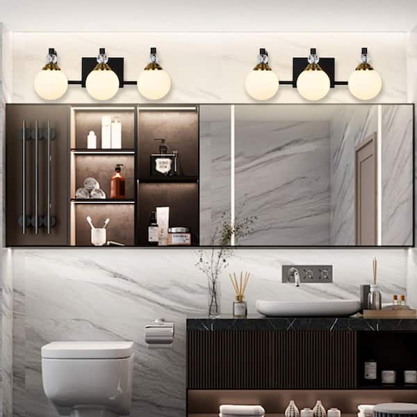 18.1 in. 3-Light Black and Gold Vanity Light with Globe White Frosted Glass Shade