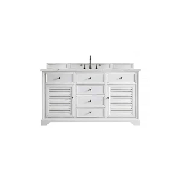James Martin Vanities Savannah 60 in. W x 23.5 in. D x 34.3 in. H Single Bath Vanity in Bright White with Ethereal Noctis Quartz Top
