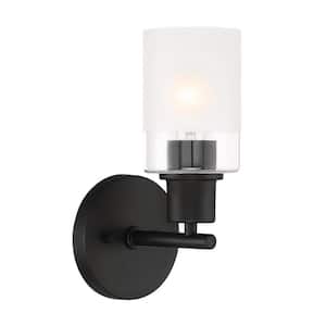 Cedar Lane 5 in. 1-Light Matte Black Modern Wall Sconce with Clear and Etched Glass Shade