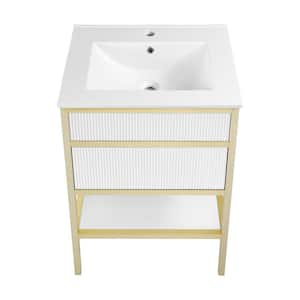 Cache 24 in. W x 18.31 in. D x 33.44 in. H Single Sink Freestanding Bath Vanity in White and Gold with White Ceramic Top