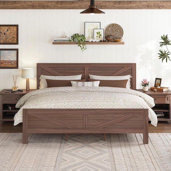 Brown Engineered Wood Frame King Size Platform Bed with Headboard, Footboard, and Under Bed Storage