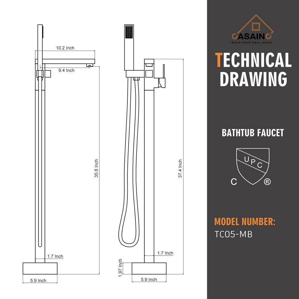 Matte Black Stainless Steel Freestanding Tub Filler with Hand Shower