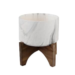 5 in. White Marble Ceramic Plant Pot on Wood Stand Mid-Century Planter
