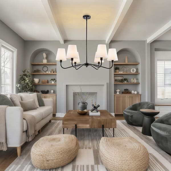 TinHon 6-Light Modern Black Chandelier with White Fabric Shades