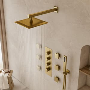 Thermostatic 7-Spray 12 in. Wall Mount Dual Shower Head and Handheld Shower 2.5 GPM in Brushed Gold (Valve Included)