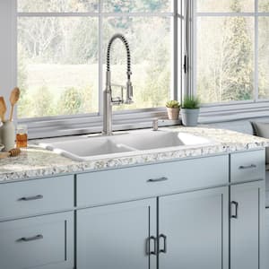 Brookfield Drop-In Cast-Iron 33 in. 4-Hole Double Bowl Kitchen Sink in White with Sous Faucet in Vibrant Stainless Steel