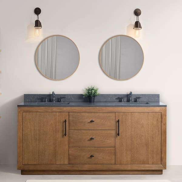 Vanity Art 72 in. W x 21.5 in. D x 34 in. H Double Sink Bathroom Vanity in Tan with Black Limestone Top