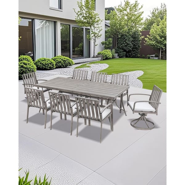RUIZI Gray 9-Piece Aluminum Outdoor Dining Set with 2-Swivel Dining Chairs, Rectangular Table and Beige Cushions