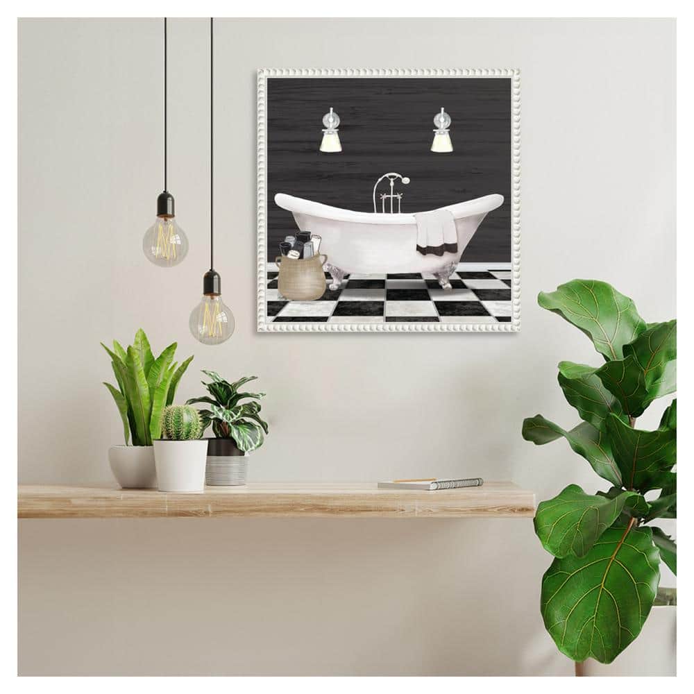 Modern Bathroom I White Canvas Wall Art with Beaded Frame