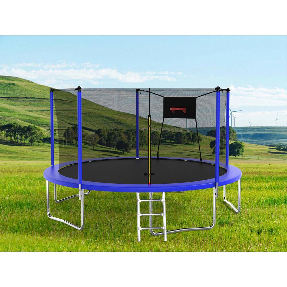 14 ft Blue Round Outdoor Trampoline with Enclosure Net and Ladder