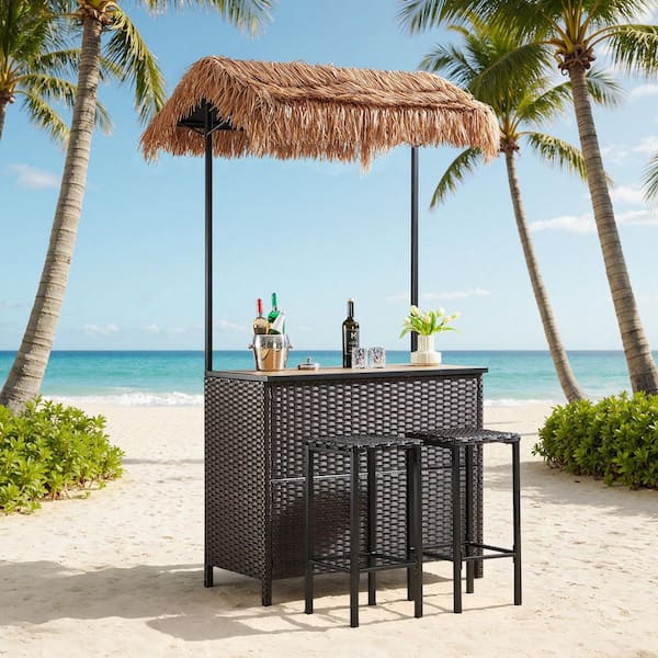 3-Piece Wicker Outdoor Bar Set with Canopy, Storage Shelf, and 2 Height Stools