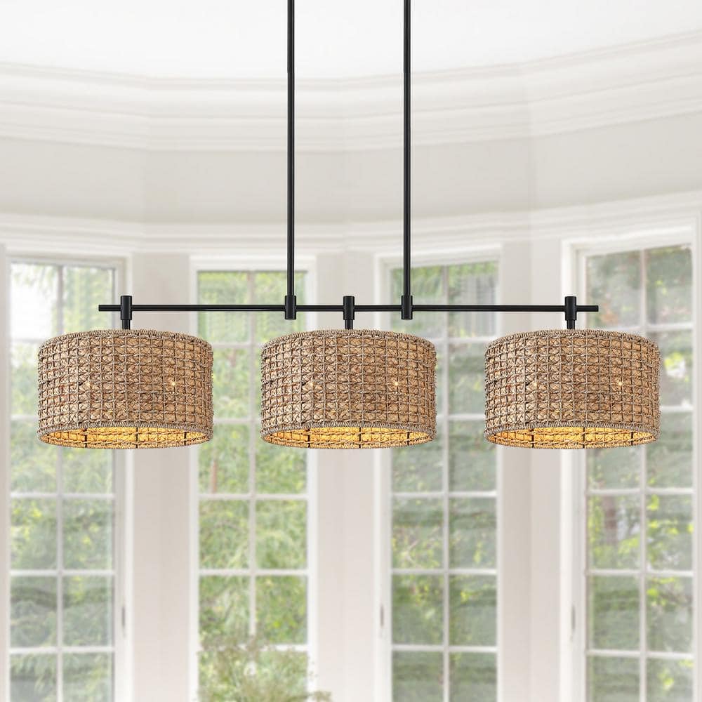 41 in. 3-Light Black Kitchen Island Chandelier Light with Rattan Shades price history on PriceWatchPro
