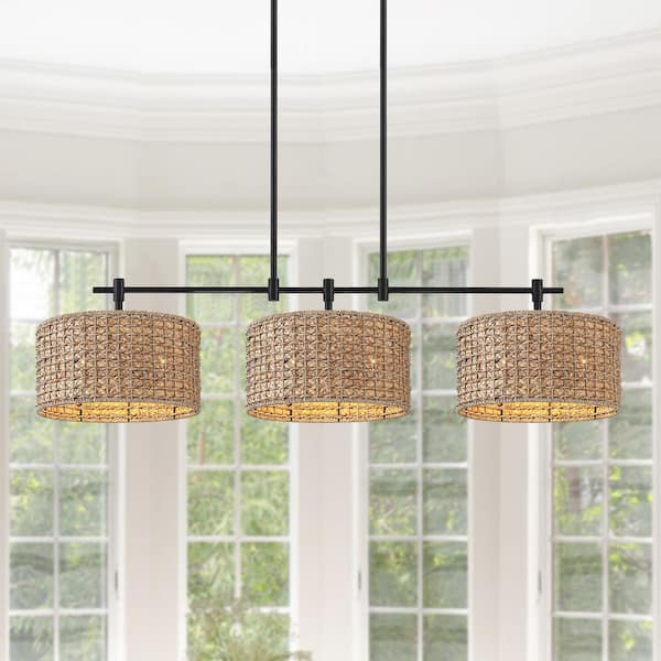 41 in. 3-Light Black Kitchen Island Chandelier Light with Rattan Shades