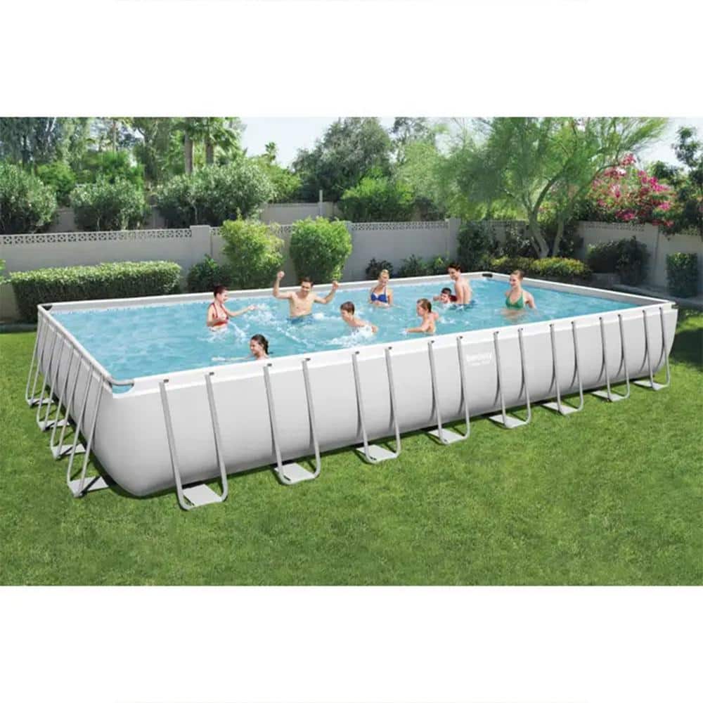 31 ft Gray Rectangular Metal Frame Above Ground Pool Set with Pump and Ladder